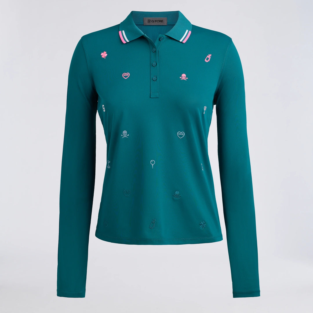 Icon Embroidered Tech Piqué Long Sleeve Polo - Marine Teal