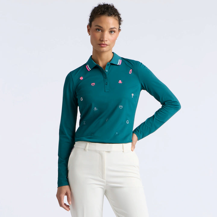 Icon Embroidered Tech Piqué Long Sleeve Polo - Marine Teal