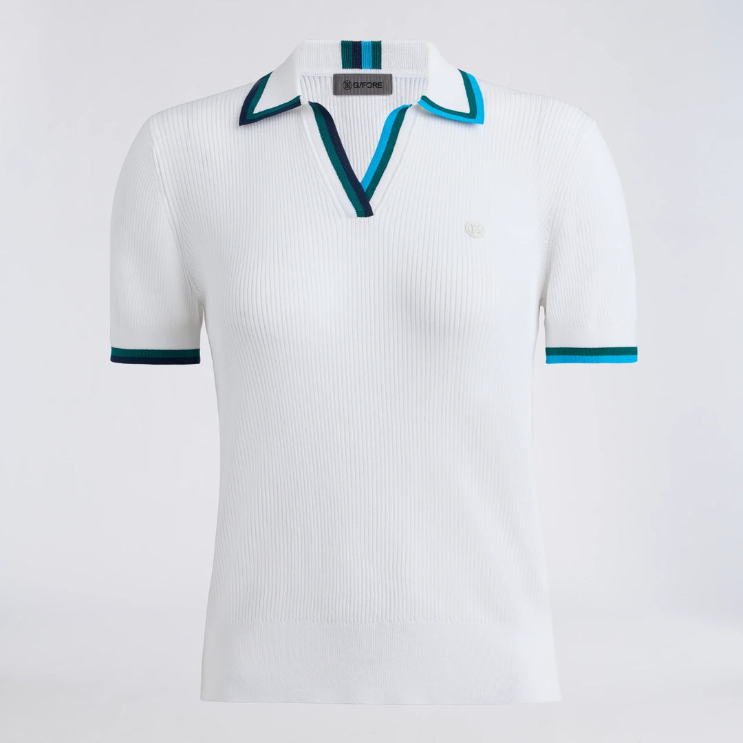 Johnny Collar Cotton Blend Rib Polo - Snow / Marine Teal