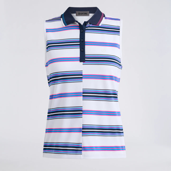 Offset Stripe Tech Pique Sleeveless Polo - Snow / Knockout Pink