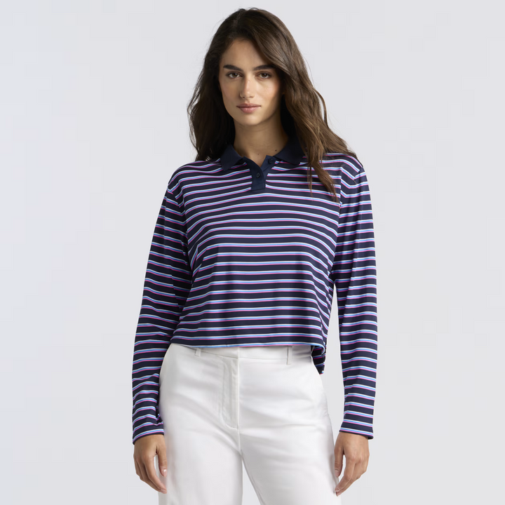 Striped It Tech Piqué Relaxed Long Sleeve Polo - Twilight