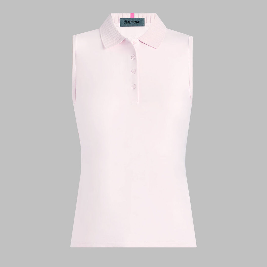 Pleated Collar Silky Tech Nylon Sleeveless Polo - Blush