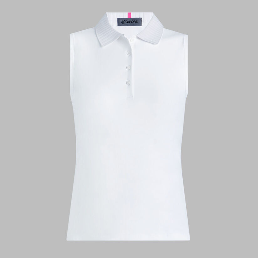 Pleated Collar Silky Tech Nylon Sleeveless Polo - Snow