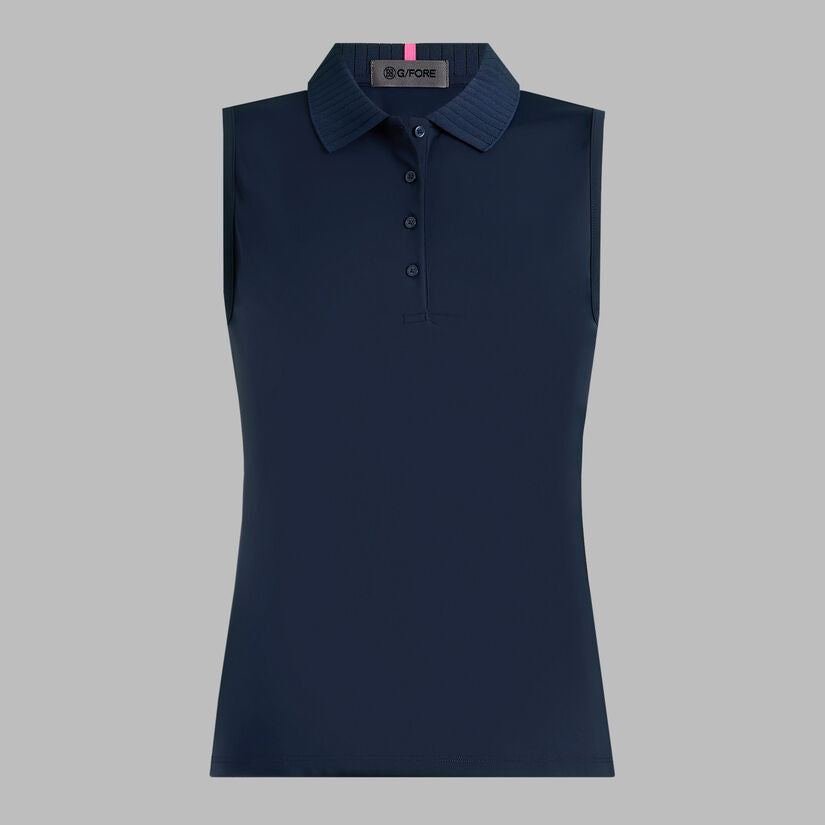 Pleated Collar Silky Tech Nylon Sleeveless Polo - Twilight