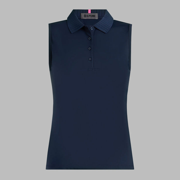 Pleated Collar Silky Tech Nylon Sleeveless Polo - Twilight