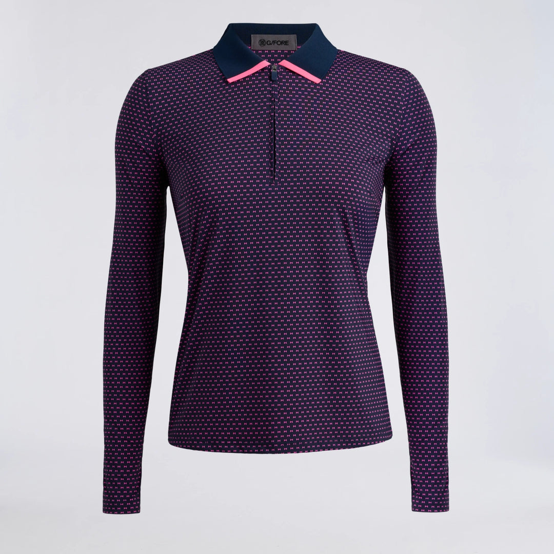 Geo 2 Silky Tech Nylon Long Sleeve 1/4 Zip Polo - Twilight / Knockout Pink