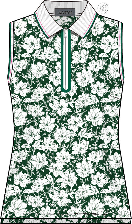 Gardenia Silky Tech Nylon 1/4 Zip Sleeveless Polo - Palm / Snow