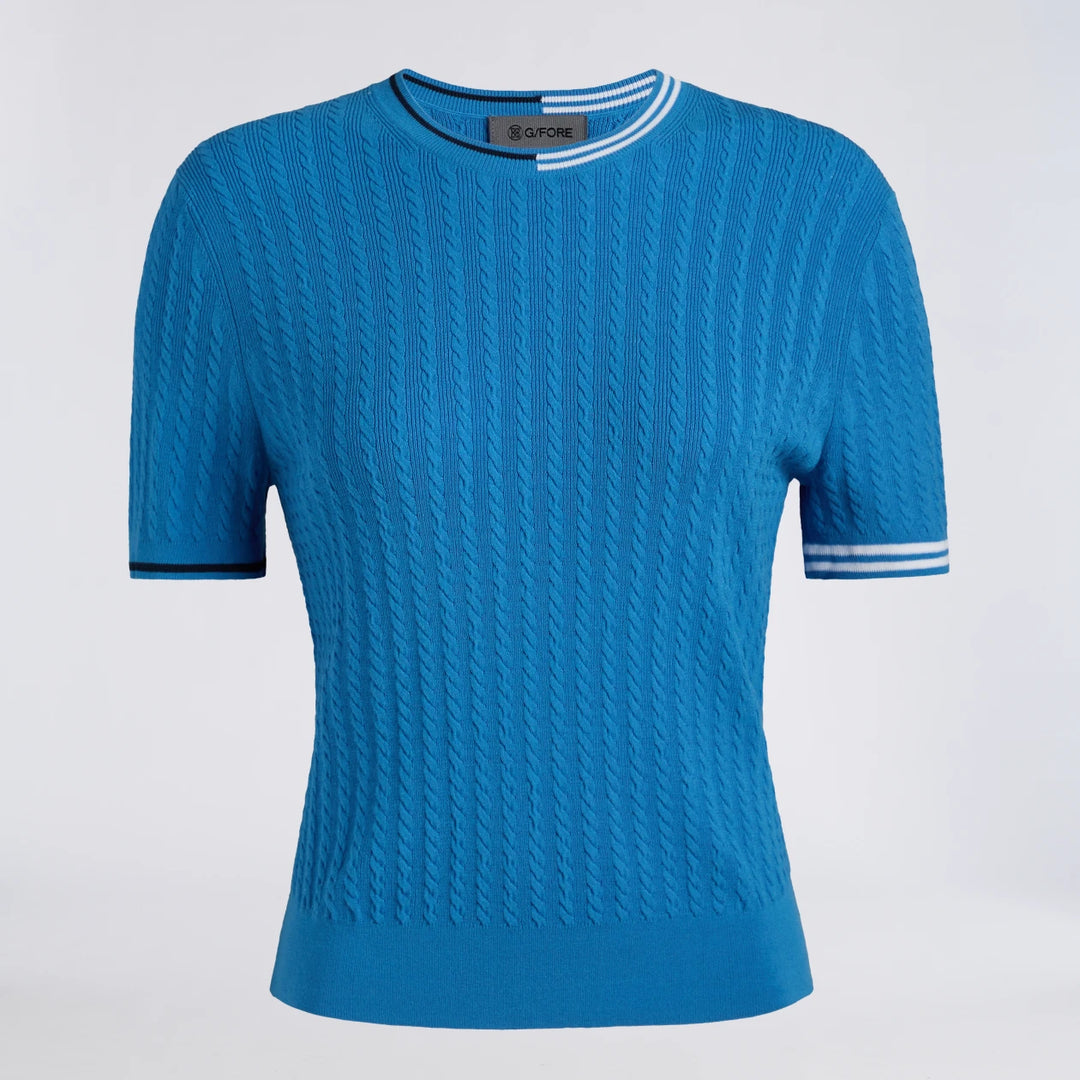 Cable Knit Short Sleeve Crewneck Sweater - Cerulean