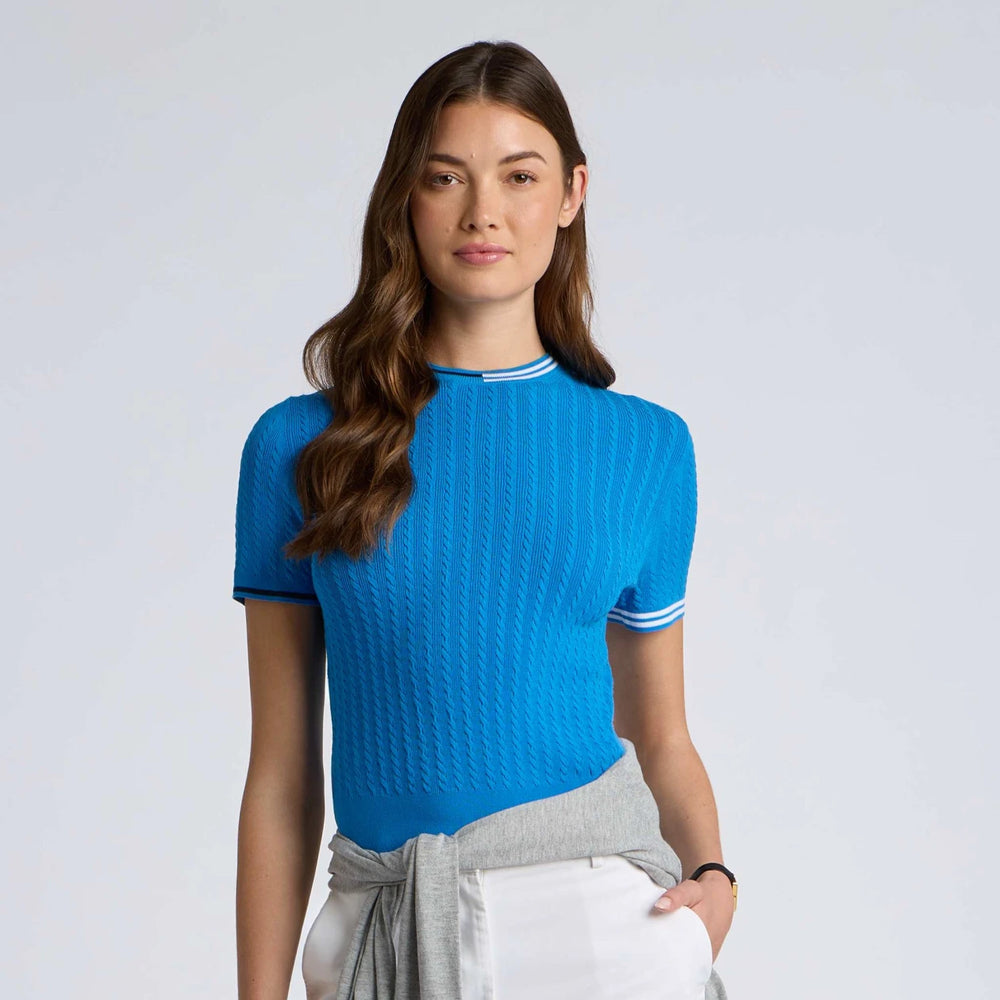 Cable Knit Short Sleeve Crewneck Sweater - Cerulean