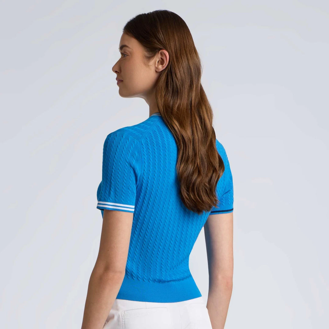 Cable Knit Short Sleeve Crewneck Sweater - Cerulean