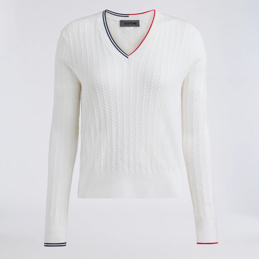 Cable Knit Cotton Cashmere V Neck Sweater - Snow