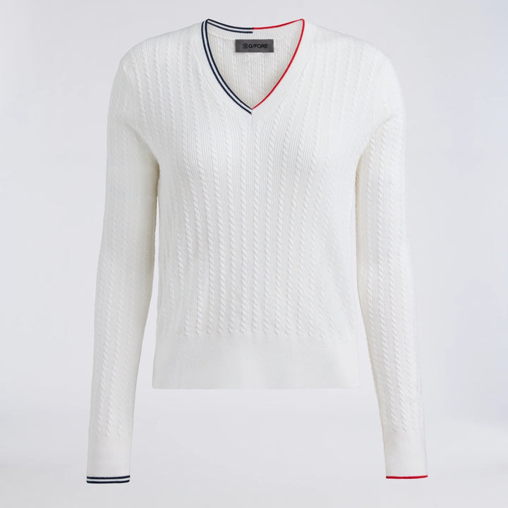 Cable Knit Cotton Cashmere V Neck Sweater - Snow