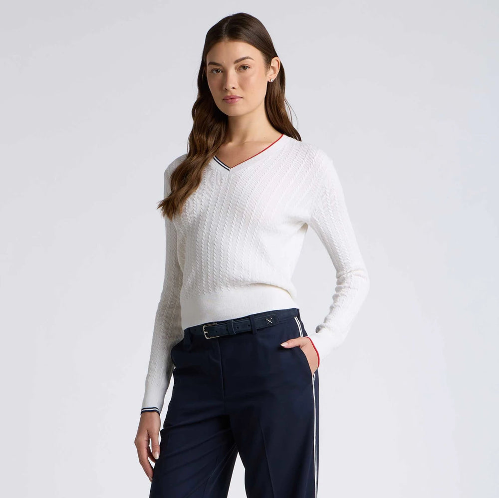 Cable Knit Cotton Cashmere V Neck Sweater - Snow