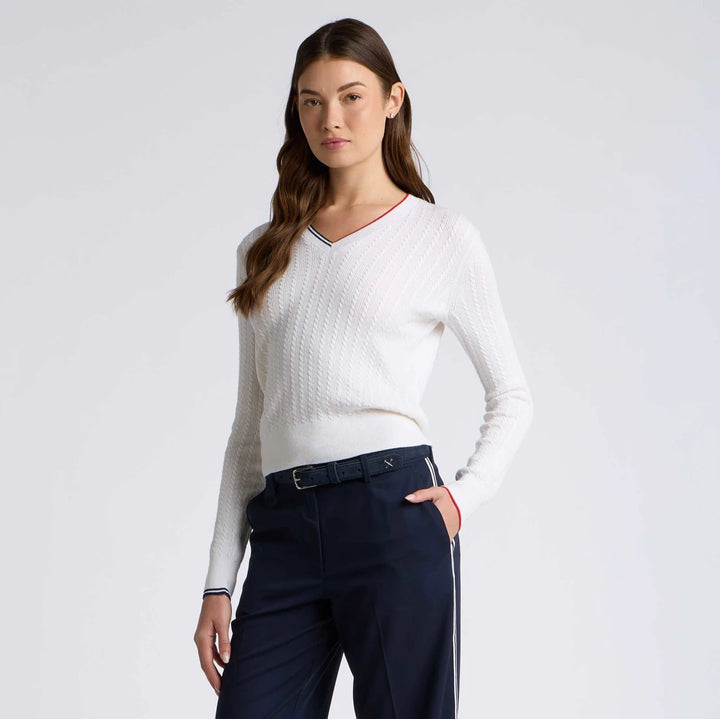 Cable Knit Cotton Cashmere V Neck Sweater - Snow