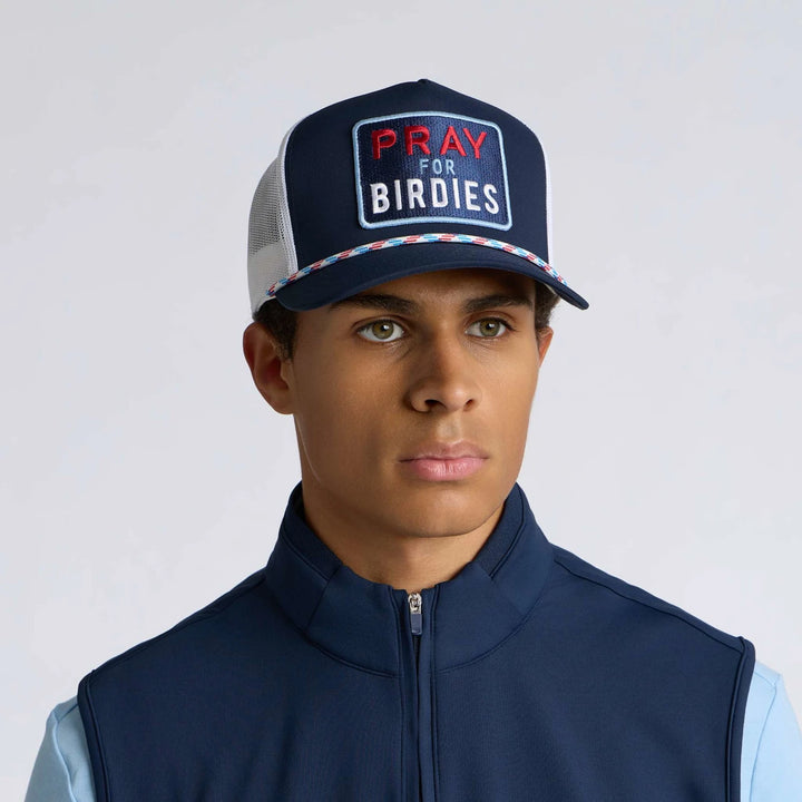 Pray For Birdies Retro Mid Trucker Hat - Twilight / Rwb