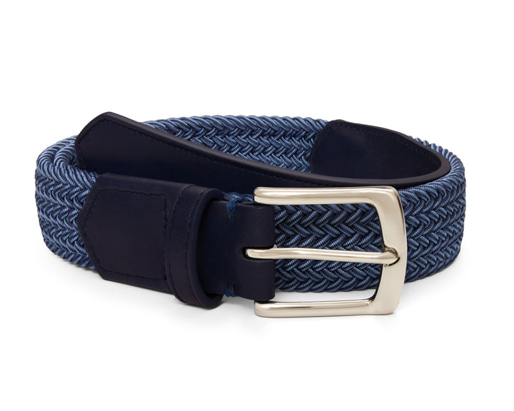 The Fischer Belt - Navy &amp; Slate Microstripe- Navy Leather