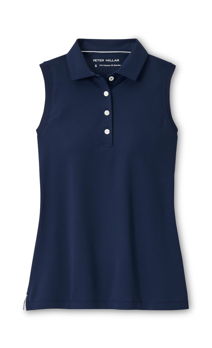 Banded Sport Mesh Sleeveless Button Polo - Navy