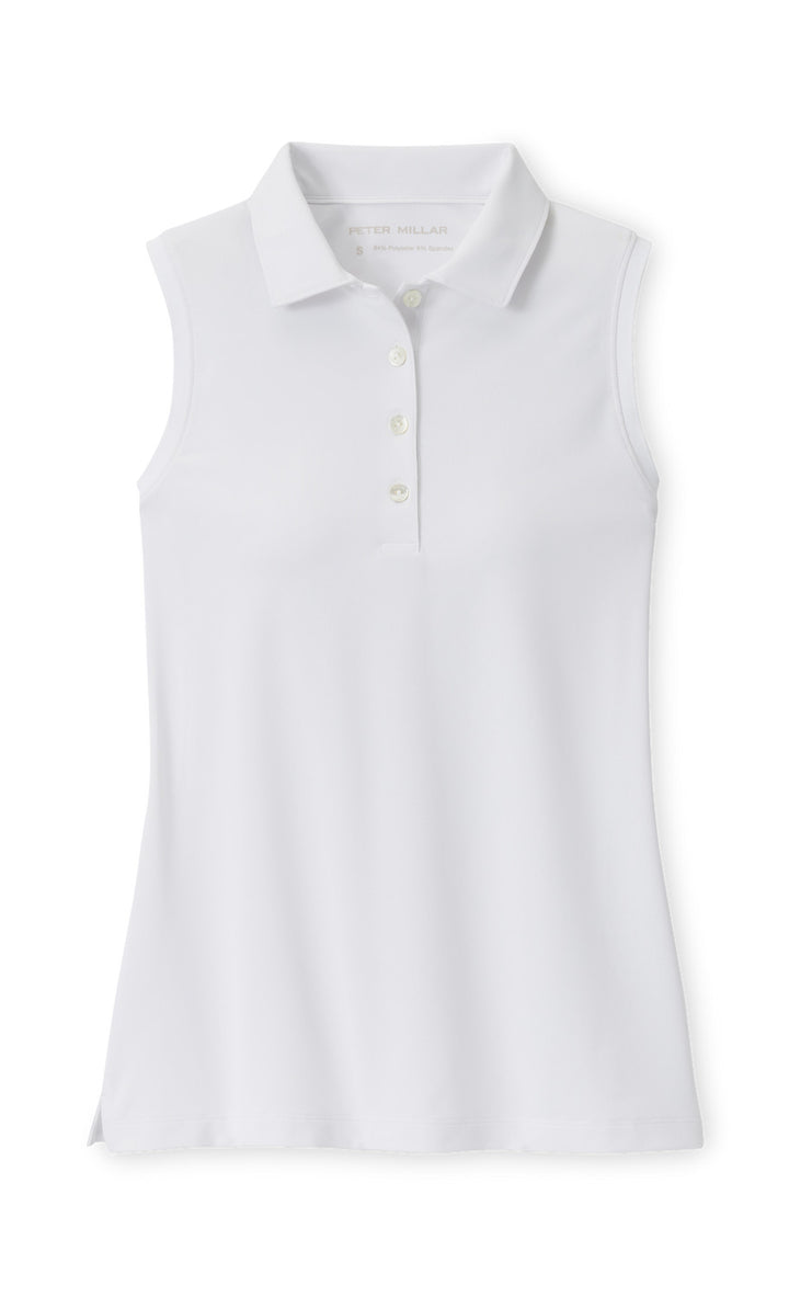 Banded Sport Mesh Sleeveless Button Polo - White