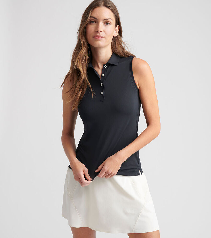 Banded Sport Mesh Sleeveless Button Polo - Black