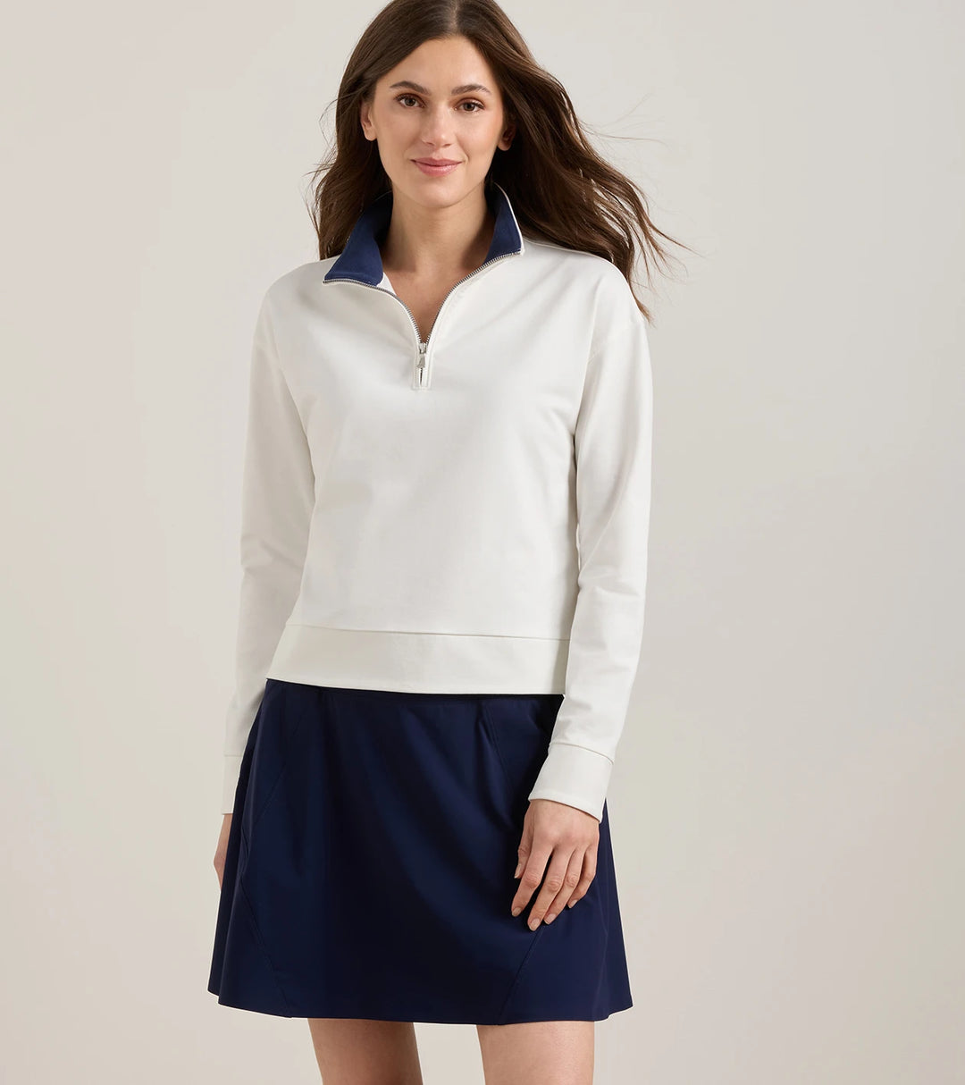 Coolspun Lite Cotton Quarter-Zip Pullover - Soft White / Navy