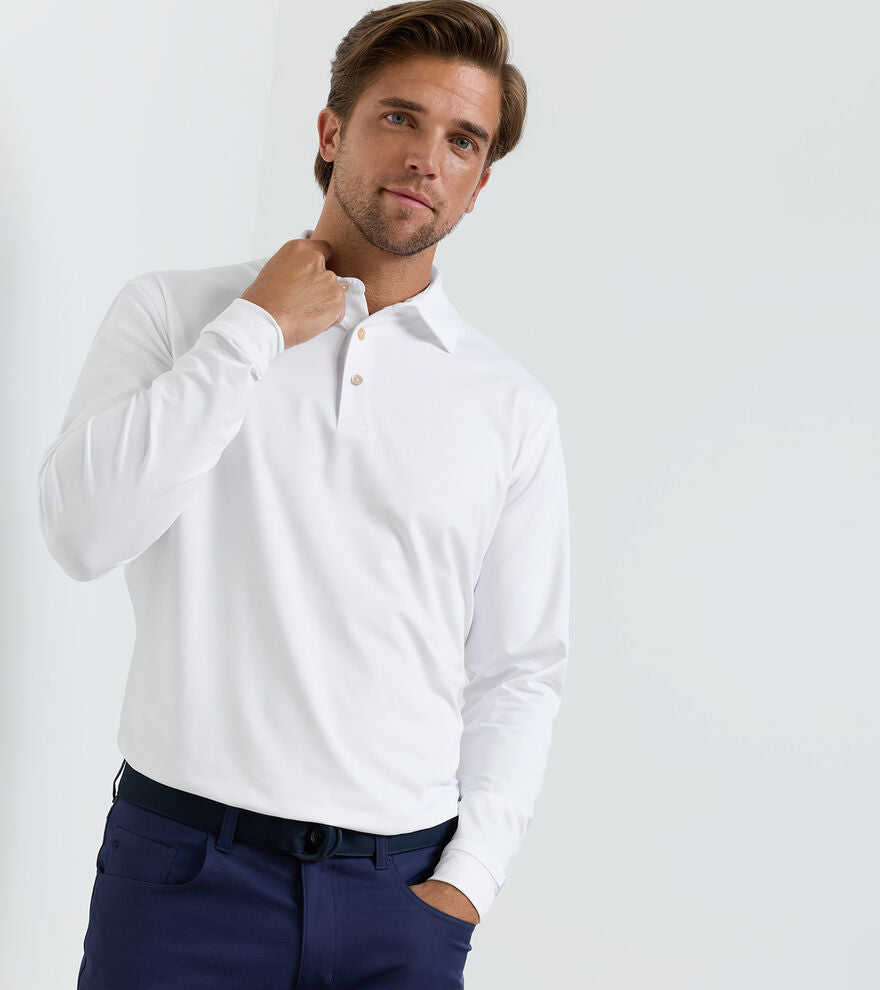 Solid Long-Sleeve Performance Jersey Polo - White