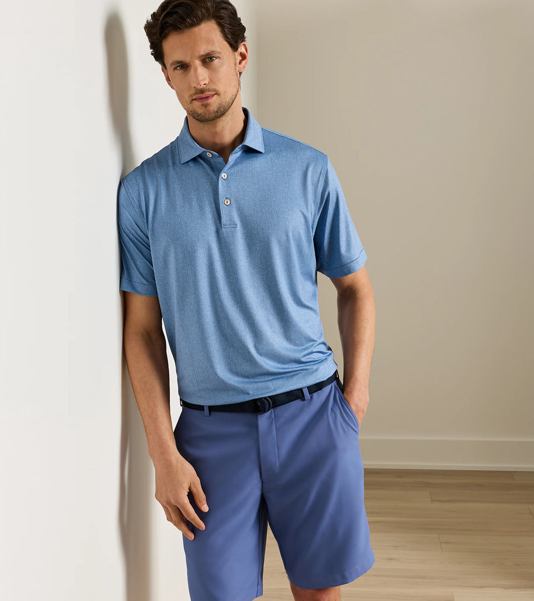 Herringbone Performance Jersey Polo - Sean Self Collar - Bali Blue