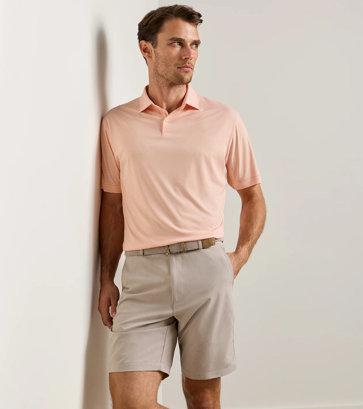 Featherweight Market Stripe Performance Polo - Sean Self Collar - Papaya