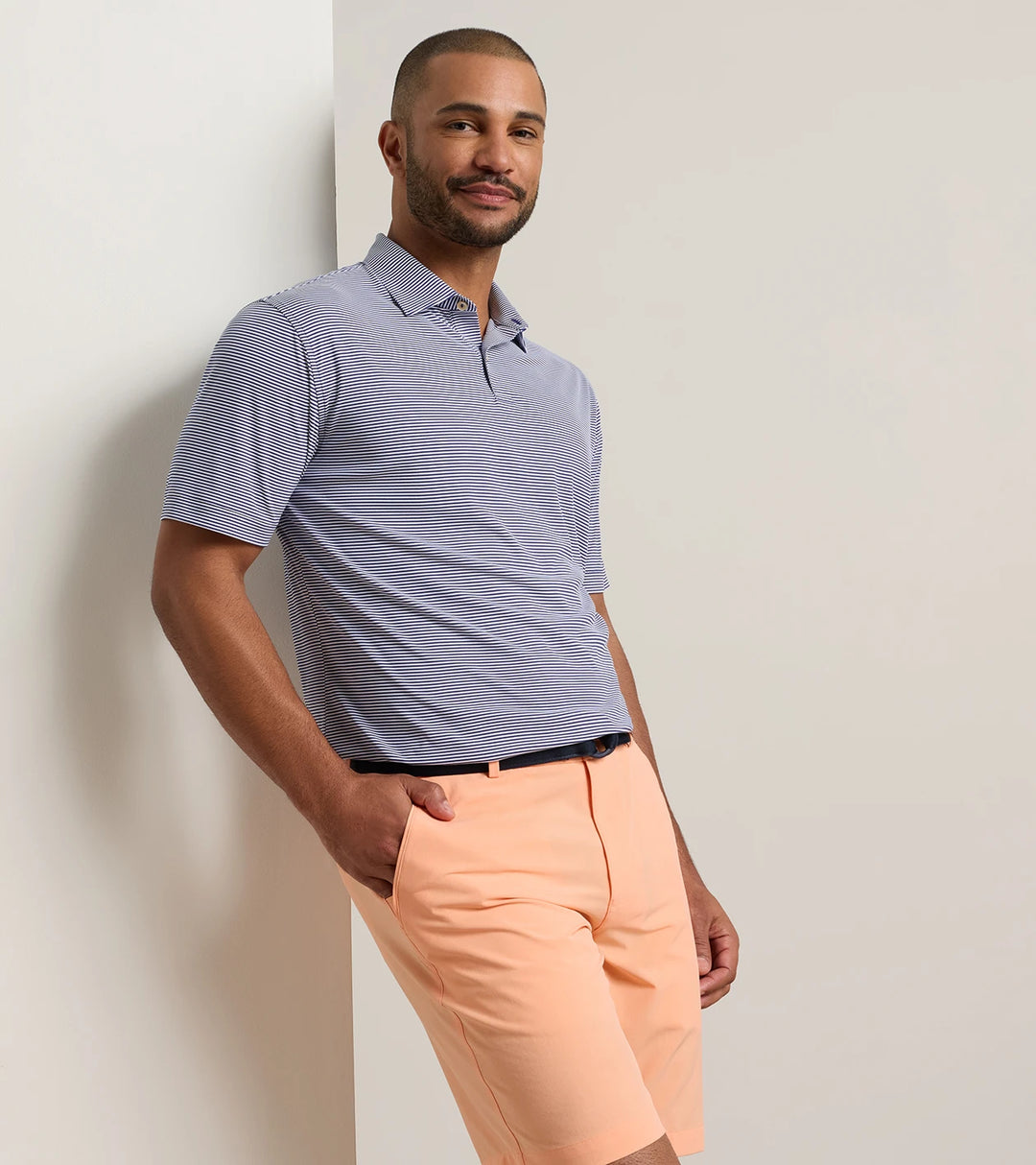 Featherweight Market Stripe Performance Polo - Sean Self Collar - Sport Navy
