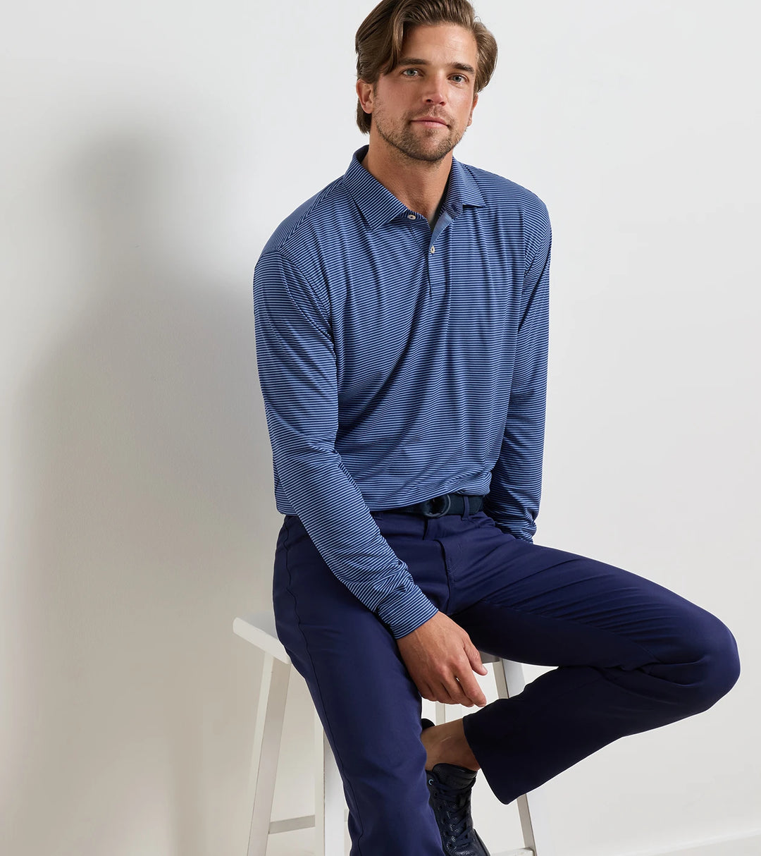 Featherweight Park Stripe Long-Sleeve Performance Polo - Sean Self Collar - Sport Navy