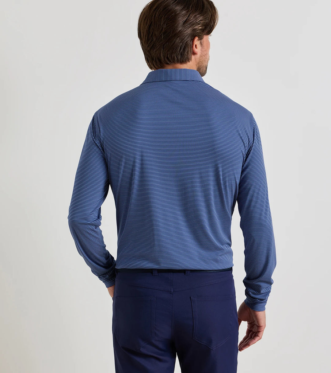 Featherweight Park Stripe Long-Sleeve Performance Polo - Sean Self Collar - Sport Navy