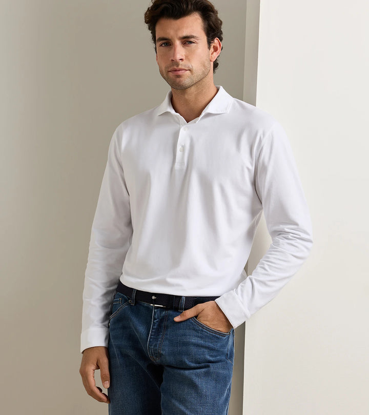 Crown Flex Cotton Long Sleeve Polo - White