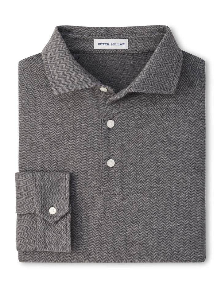 Herringbone Long Sleeve Polo - Charcoal