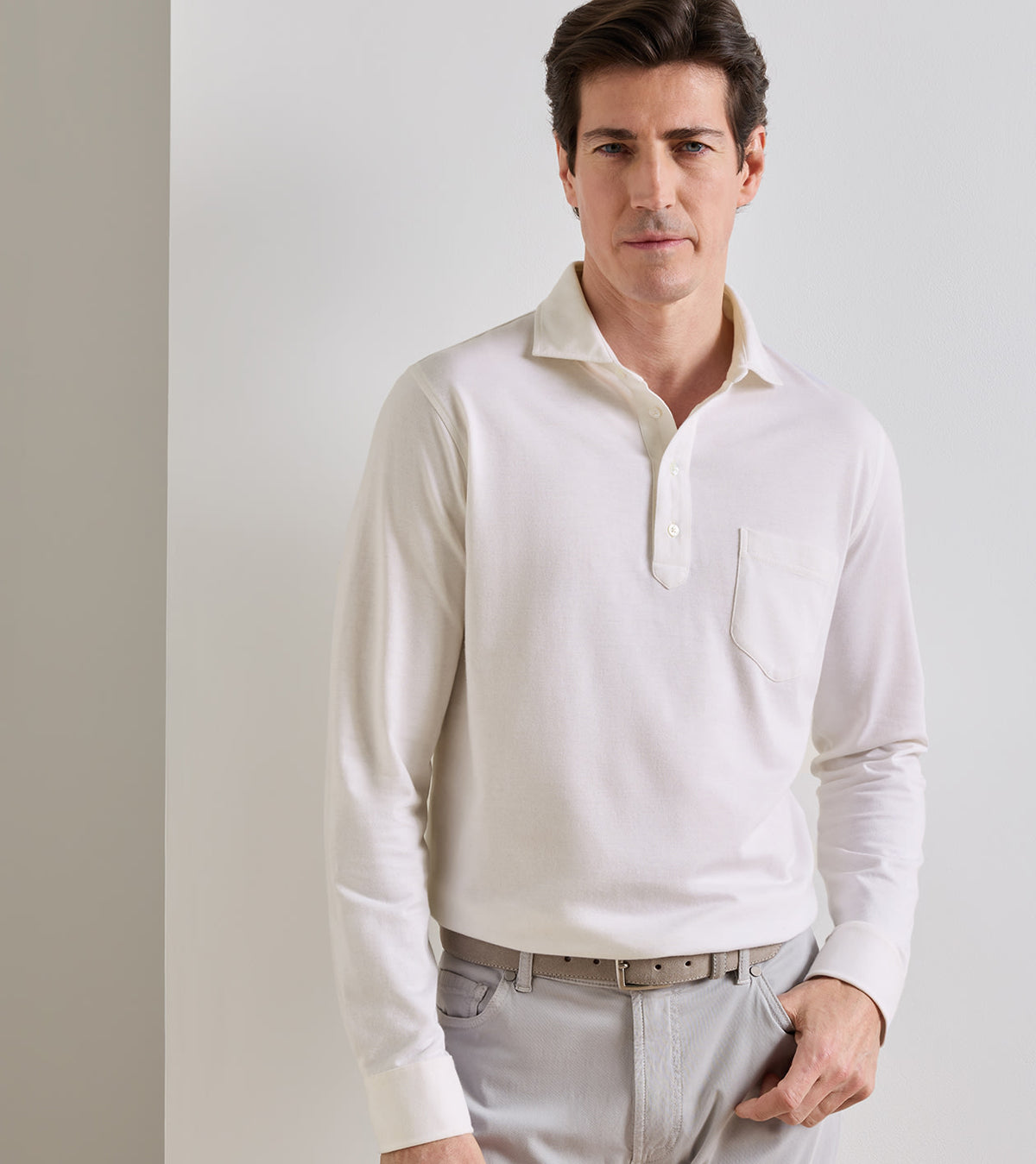 Amble Long-Sleeve Cotton Cashmere Polo - Almond