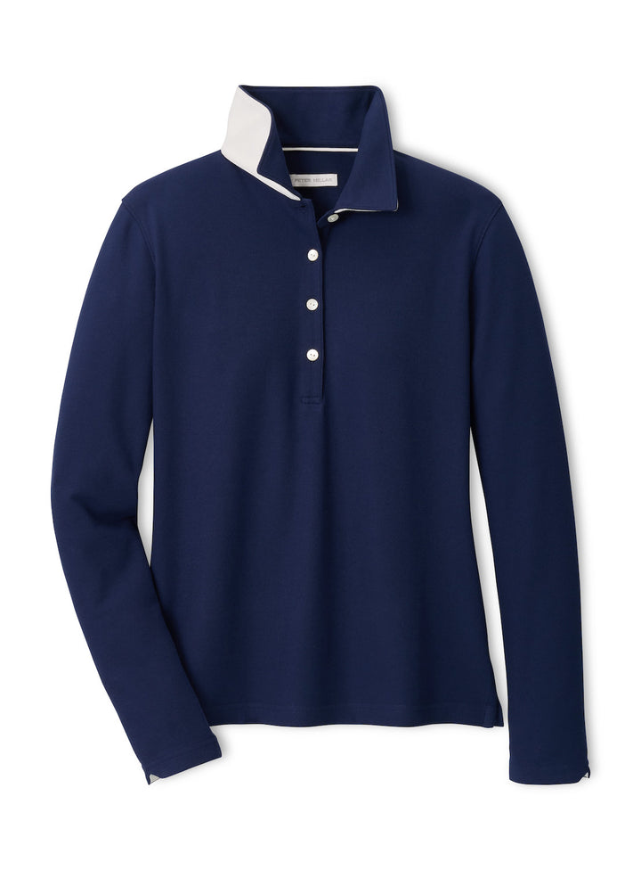 Coolspun Lite Cotton Piqué Long Sleeve Polo - Navy / Soft White