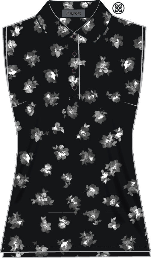 Moody Floral Silky Tech Nylon Sleeveless Polo - Onyx